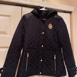 Lauren Ralph Lauren Black Quilted Hooded Puffer Jacket with Gold Crest